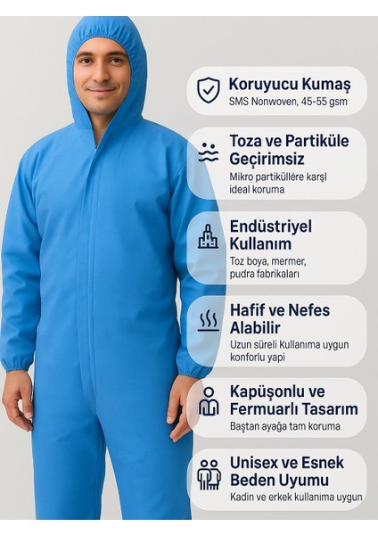 Mavi Kapüşonlu Tek Kullanımlık Iş Tulumu – Toz ve Partikül Koruyucu – 10'lu Paket