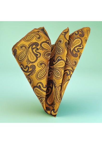 Altın Üzeri Lacivert Şal Desenli Saten Dokuma Cep Aksesuarı Yaka Mendili