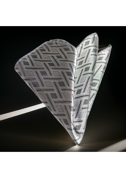 Gri Gümüş Siyah Geometrik Kare Deseni Cep Yaka Mendili