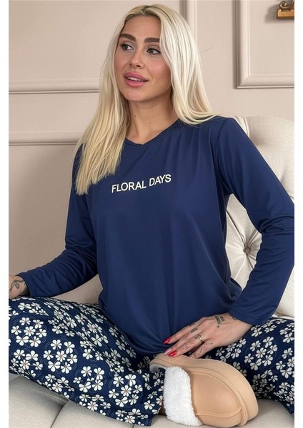 Lacivert Floral Days Desenli Uzun Kollu Bambu Örme Kadın Pijama Takımı