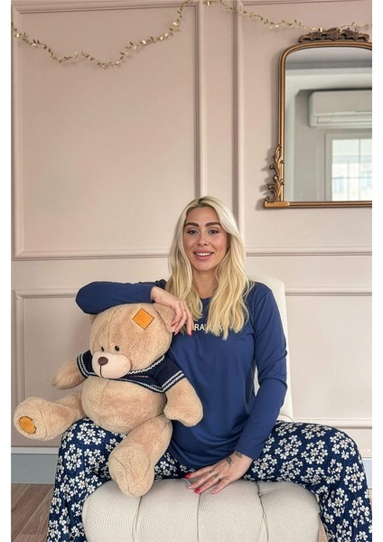 Lacivert Floral Days Desenli Uzun Kollu Bambu Örme Kadın Pijama Takımı modelleri