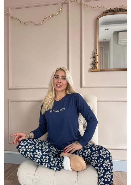 Lacivert Floral Days Desenli Uzun Kollu Bambu Örme Kadın Pijama Takımı indirimleri