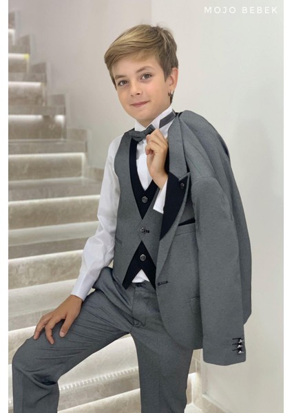 Mojo Erkek Çocuk Yaka Detaylı Klasik Damatlık Set 20317 Gri