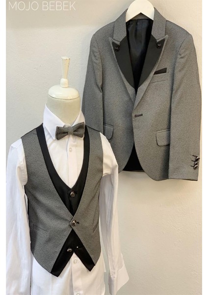 Mojo Erkek Çocuk Yaka Detaylı Klasik Damatlık Set 20317 Gri