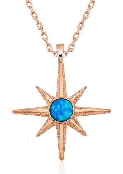 ​Gümüş Rose Mavi Opal Taşlı Kutup Yıldızı Kolye