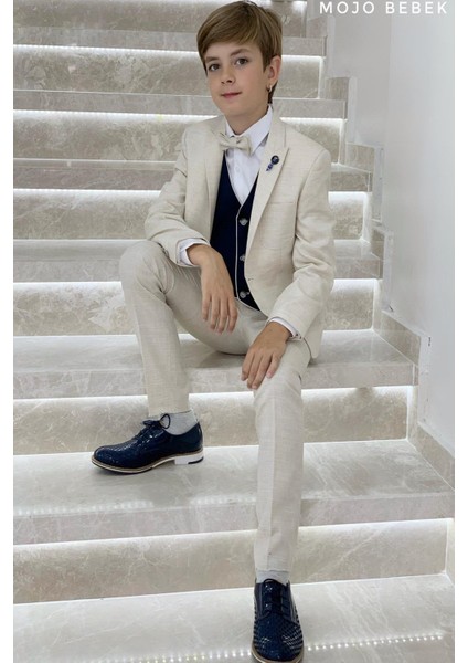 Erkek Çocuk 3-14 Yaş Spor Yelekli Ceketli Takım Elbise 20267 Bej