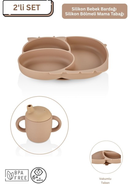2'li Silikon Bebek Beslenme Seti / Bölmeli Mama Tabağı / Bebek Bardağı - Moka