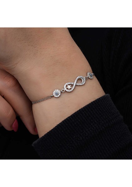 Gümüş Ay Yıldız Nazarlı Sonsuzluk Kadın Bileklik modelleri