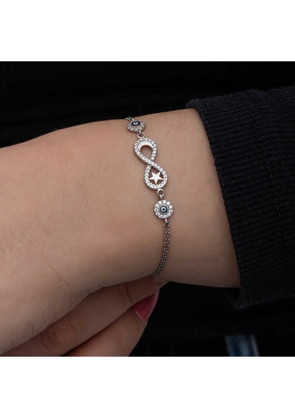 Gümüş Ay Yıldız Nazarlı Sonsuzluk Kadın Bileklik fırsatları