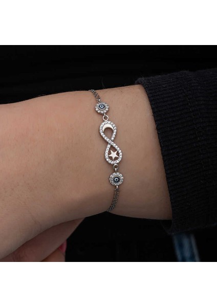 Gümüş Ay Yıldız Nazarlı Sonsuzluk Kadın Bileklik