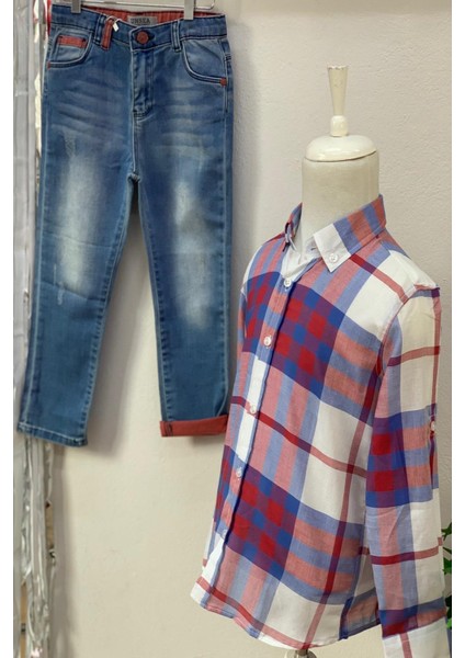 Erkek Çocuk Desenli Katlamalı Kol Gömlek 4016 Kırmızı indirimleri