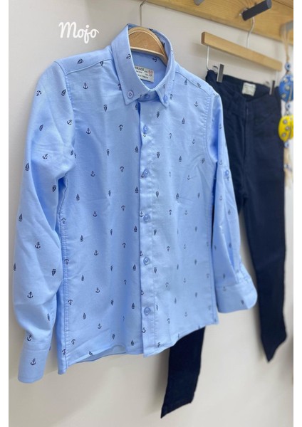 Erkek Çocuk 5-14 Yaş Çapa ve Gemi Desenli Gömek 4019 Mavi