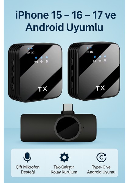 Kablosuz Yaka Mikrofonu Çift Mikrofon iPhone 15 16 17 ile Uyumlu Type-C Portlu Telefon Pc Tablet Video Kayıt Röportaj Canlı Yayın Vlog Kablosuz Mikrofon | 1027 fiyatları