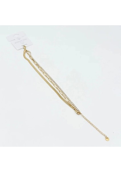 Çelik Zirkon Ezme Ataç Çelik Gold Zincir Bileklik 14 K