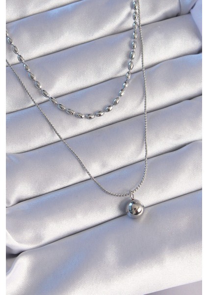316L Çelik Çift Zincirli Gümüş Renk Topçuk Model Kolye
