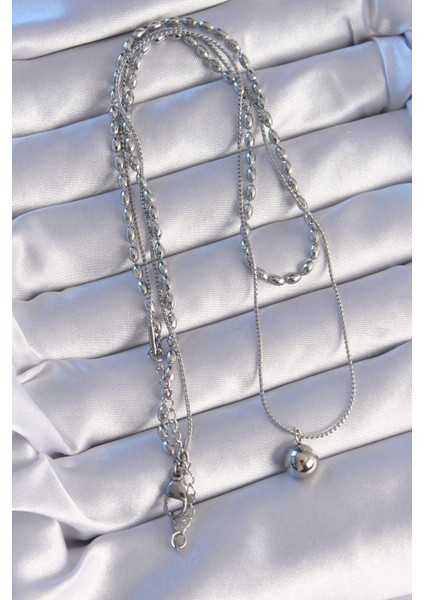 316L Çelik Çift Zincirli Gümüş Renk Topçuk Model Kolye modelleri