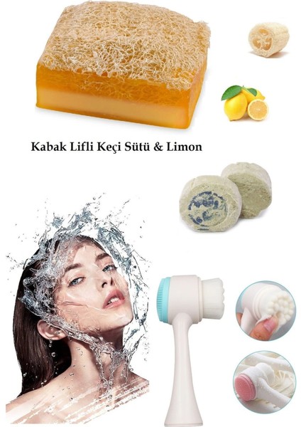 3'lü Yaşlanma Karşıtı Bakım Peeling Keçi Sütlü Sabun Limon Leke Akne Ruşur Taşı Silikon Yüz Fırçası