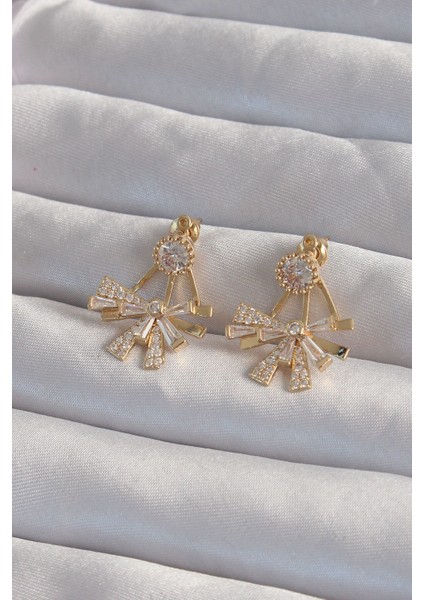 Pirinç Gold Renk Zirkon Taşlı Yassı Fiyonk Model Küpe