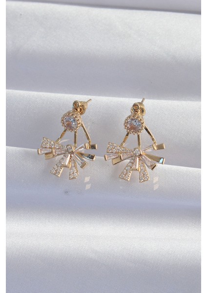 Pirinç Gold Renk Zirkon Taşlı Yassı Fiyonk Model Küpe fiyatları