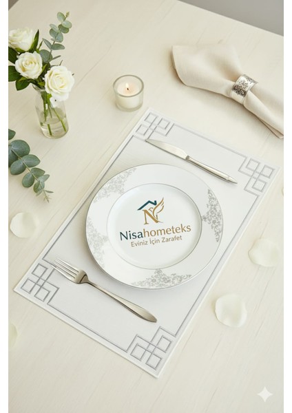 6 Adet Dikdörtgen Nakışlı Keten Amerikan Servis - Keten Supla