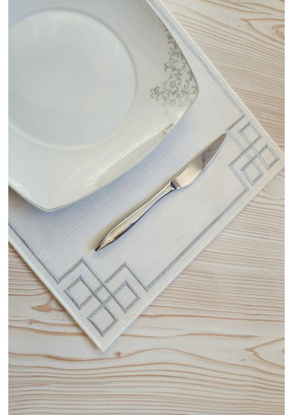 6 Adet Dikdörtgen Nakışlı Keten Amerikan Servis - Keten Supla