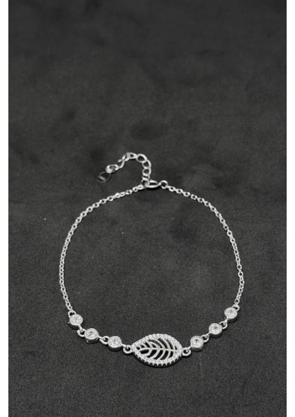 Taşlı Yaprak Gümüş Zincir Bileklik