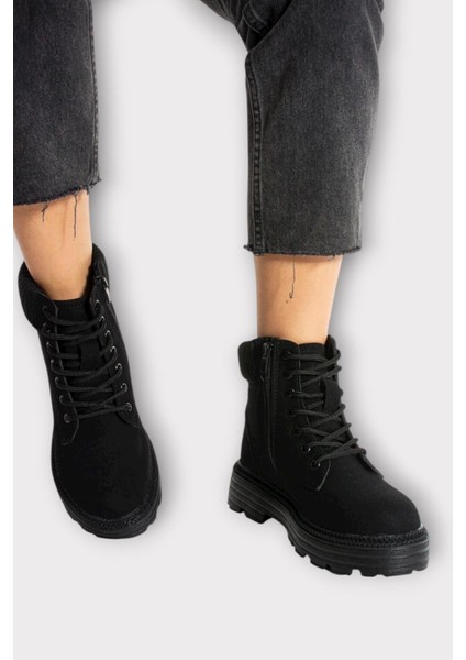 Bileği Lastikli Süet Kalın Taban Kadın Bot Siyah modelleri