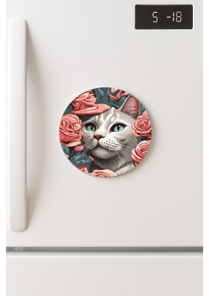 Desenli Temalı Yuvarlak Buzdolabı Magnet – 10X10 cm Kedi Portre
