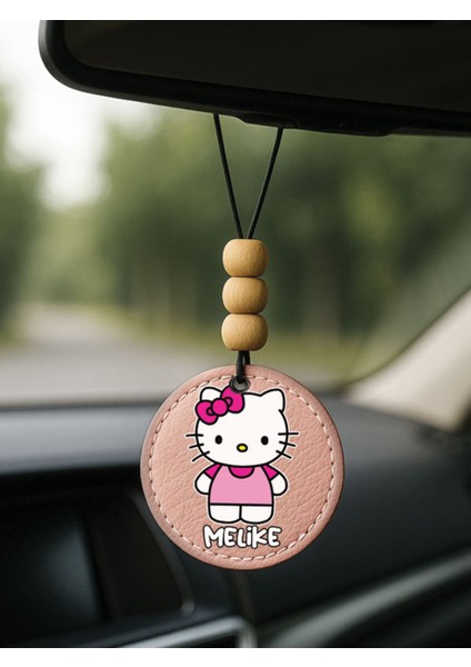 Kişiye Özel Isim Yazılı 1.sınıf Deri Ahşap Dekorlu Dikiz Aynası Süsü Pudra Pembe - Kitty