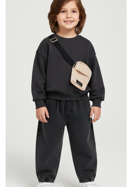 Erkek Çocuk Pamuklu Siyah Çantalı Sweatshirt ve Geniş Paça Pantolon Takım – Günlük Rahat Stil fırsatları