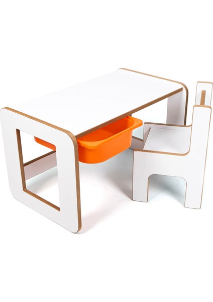 Tek Kişilik Çocuk Oyun, Aktivite ve Etkinlik Masası, Beyaz-Turuncu, 18MM 1.sınıf Mdf