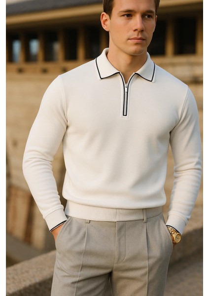 Erkek Çizgili Trend Uzun Kollu Beyaz Polo Yaka Kazak fiyatları