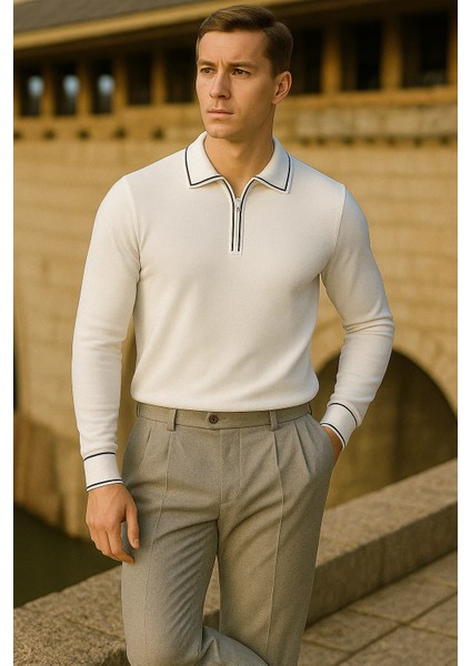 Erkek Çizgili Trend Uzun Kollu Beyaz Polo Yaka Kazak modelleri