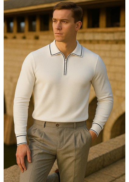 Erkek Çizgili Trend Uzun Kollu Beyaz Polo Yaka Kazak fırsatları