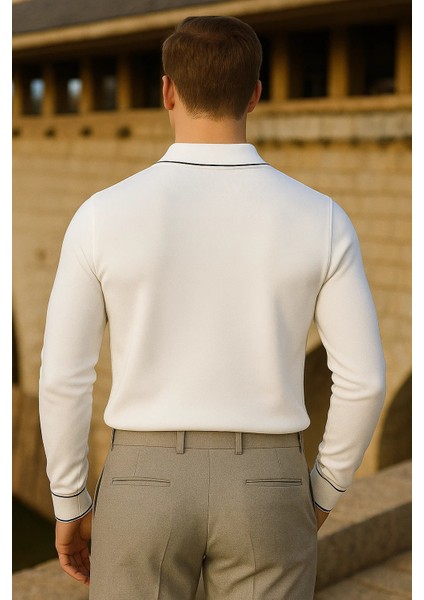 Erkek Çizgili Trend Uzun Kollu Beyaz Polo Yaka Kazak indirimleri