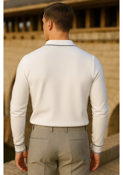 Erkek Çizgili Trend Uzun Kollu Beyaz Polo Yaka Kazak