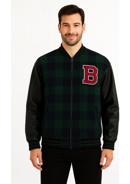 Erkek Kolej Ceket – Kareli Oduncu Kumaş, Kolları Suni Deri, Fermuarlı, Içi Kapitone Astarlı, Nakışlı Oversize Bahar & Kış Stil - Haki modelleri