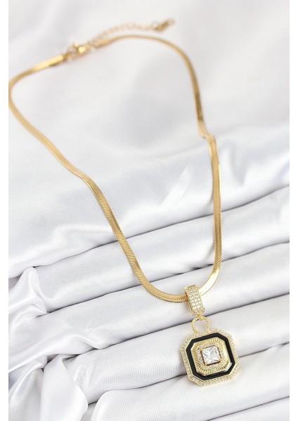 Bfs 316L Çelik Zirkon Taşlı Siyah Detaylı Baget Model Gold Renk Kadın Kolye fiyatları