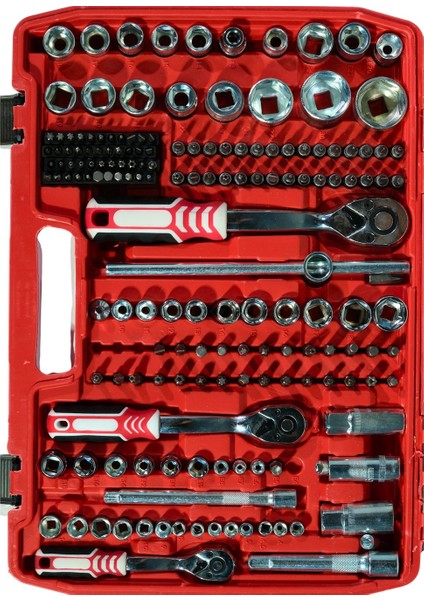 PH306 Profesyonel 216 Parça Usta Lokma Takımı Seti Tamirci Seti Paslanmaz Çelik Krom Kaplama Kırmızı