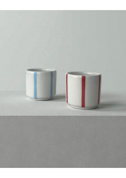 2'li El Yapımı Seramik Kırmızı ve Mavi Çizgili Modern Bardak Minimal Mug