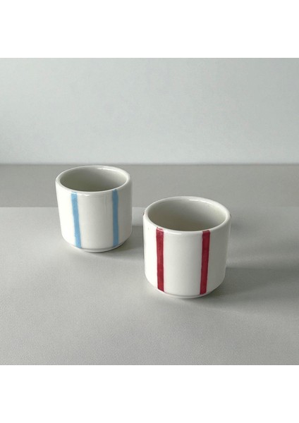 2'li El Yapımı Seramik Kırmızı ve Mavi Çizgili Modern Bardak Minimal Mug fiyatları