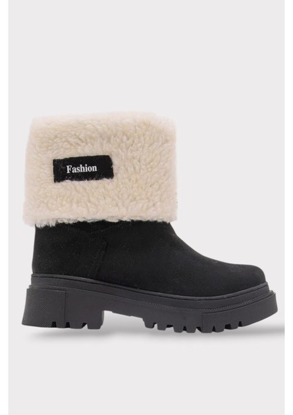 Kalın Taban Süet Kürklü Kadın Bot Siyah