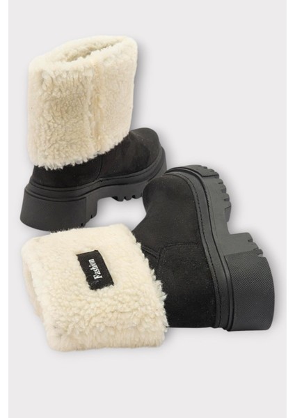 Kalın Taban Süet Kürklü Kadın Bot Siyah indirimleri