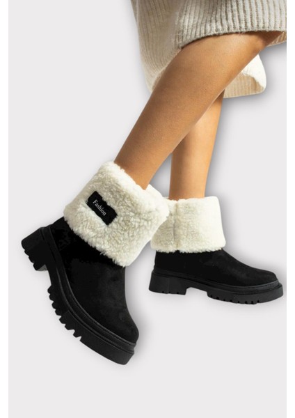 Kalın Taban Süet Kürklü Kadın Bot Siyah