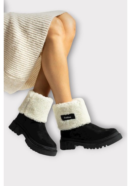 Kalın Taban Süet Kürklü Kadın Bot Siyah
