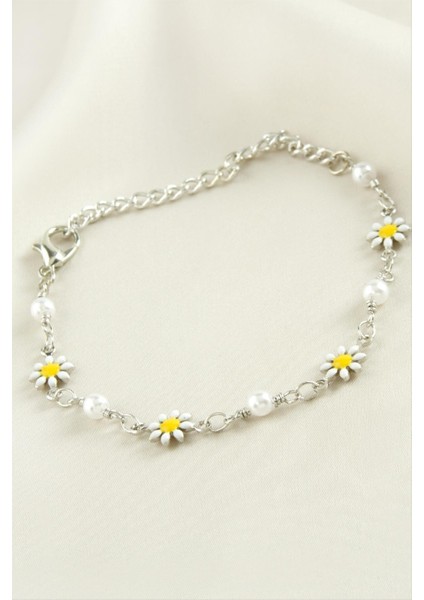 Nrzsnt Papatya Inci Mineli Bileklik-Gümüş Rengi