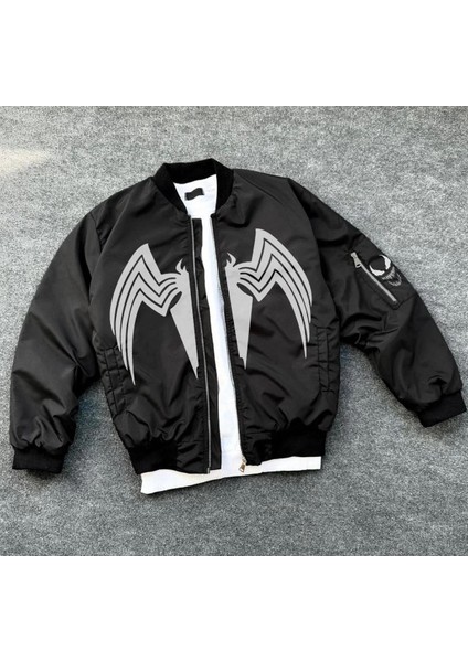 Venom Örümcek Desenli Erkek Mont – Siyah Bomber Ceket, Fermuarlı, Kol Fermuarlı Cep Detaylı, Günlük ve Sokak Modası Için Uygun - Siyah modelleri