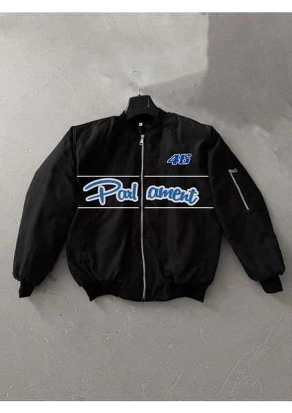 Siyah Parliament Bomber Mont – 46 Numara Detaylı, Fermuarlı, Cepli, Uzun Kollu, Spor ve Günlük Giyim Için Rahat Unisex Mont - Siyah