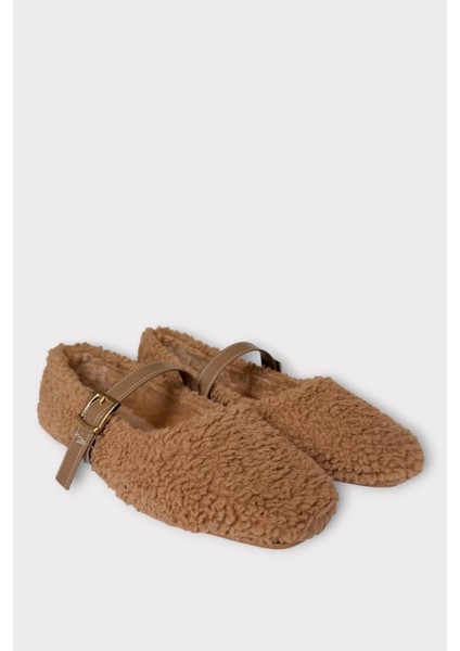 Yumuşak Peluş Ses Yapmaz Hafif Taban Kemerli Kadın Ev Babeti Panduf Vizon