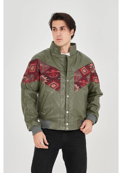 Erkek Içi Astarlı Içten Yaka Kısmı Peluşlu Suni Kumaş Vintage Ceket - Haki